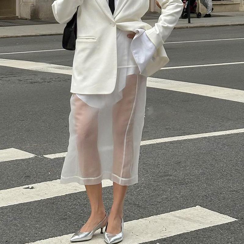 Fustă Sexy din Plasă Transparentă Femei Alb Talie Înaltă Fantă Largă Fuste Lungi Toamnă Modă de Stradă Club Petrecere Fustă Femeie