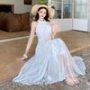 Seaside Vacation Dress Summer Waist Thin Sweet Design Lace Splicing Long Neck Dress