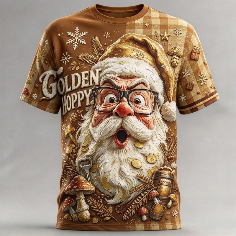 Men Christmas Short Sleeve T-shirt Santa Print Tee Snowflake Xmas Pattern Casual Tops Ugly Christmas Outfit Holiday Gift for Men