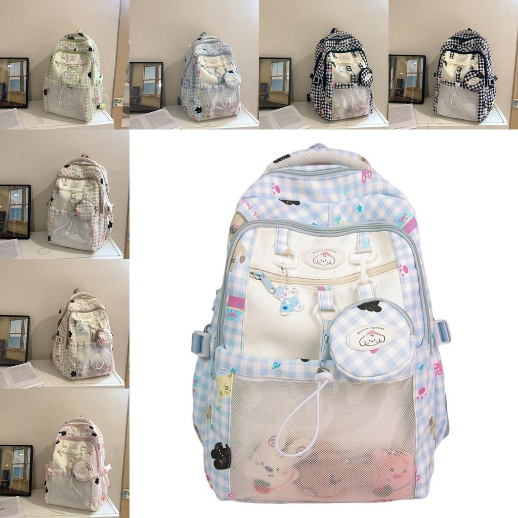 Capacity Large Backpack With Grid And Cartoon Dog Cat Print Design Daily For
