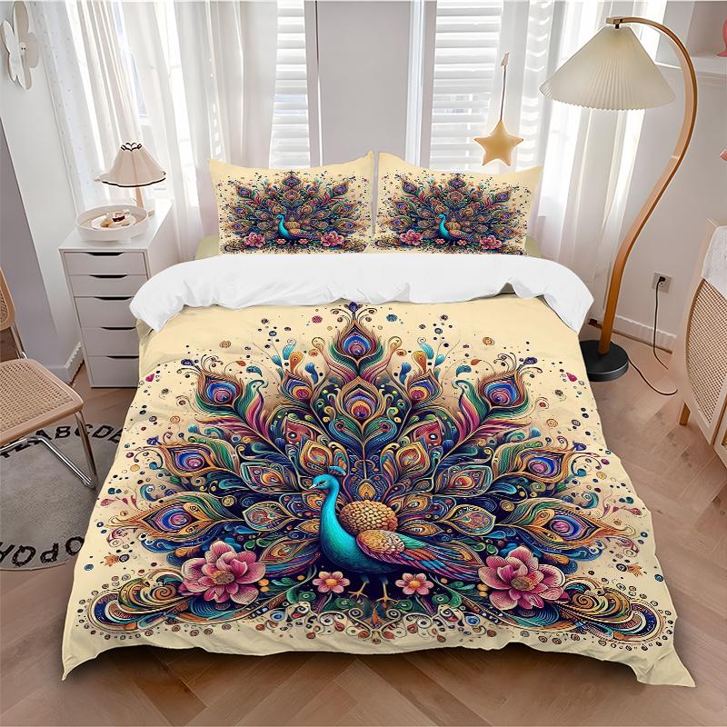 3pcs Nature's Beauty Peacock Quilt Cover Set - Soft and Cozy Bedroom, Guest Room and Dorm Decorative Bedding 3-Piece Set 1 Quilt Cover + 2 Pillow
