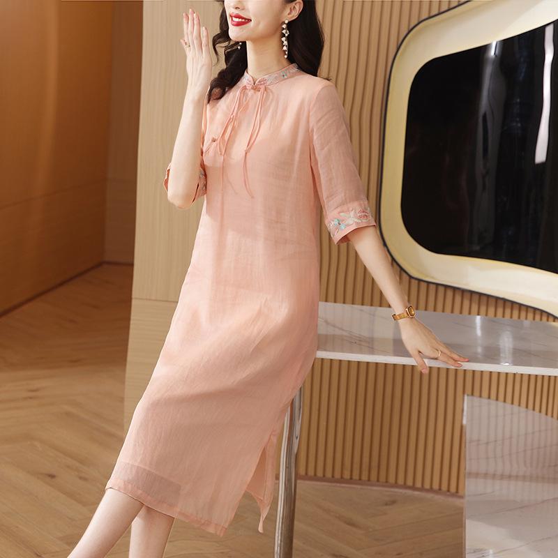 Elegant Mid-Length Embroidered Qipao with Cotton Linen and Frog Buttons