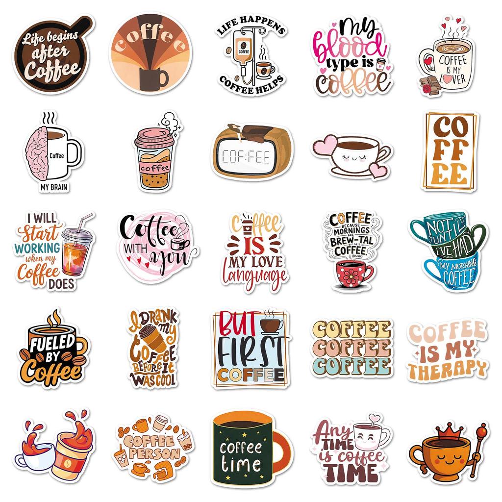 50 Coffee-Themed Doodle Stickers - Korean INS Style, Waterproof, Perfect for DIY Notebooks