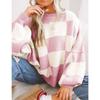Women's Crew Neck Long Sleeve Knit Top Loose Fit Lazy Casual Sweater Color Block Plaid Pullover Knitwear