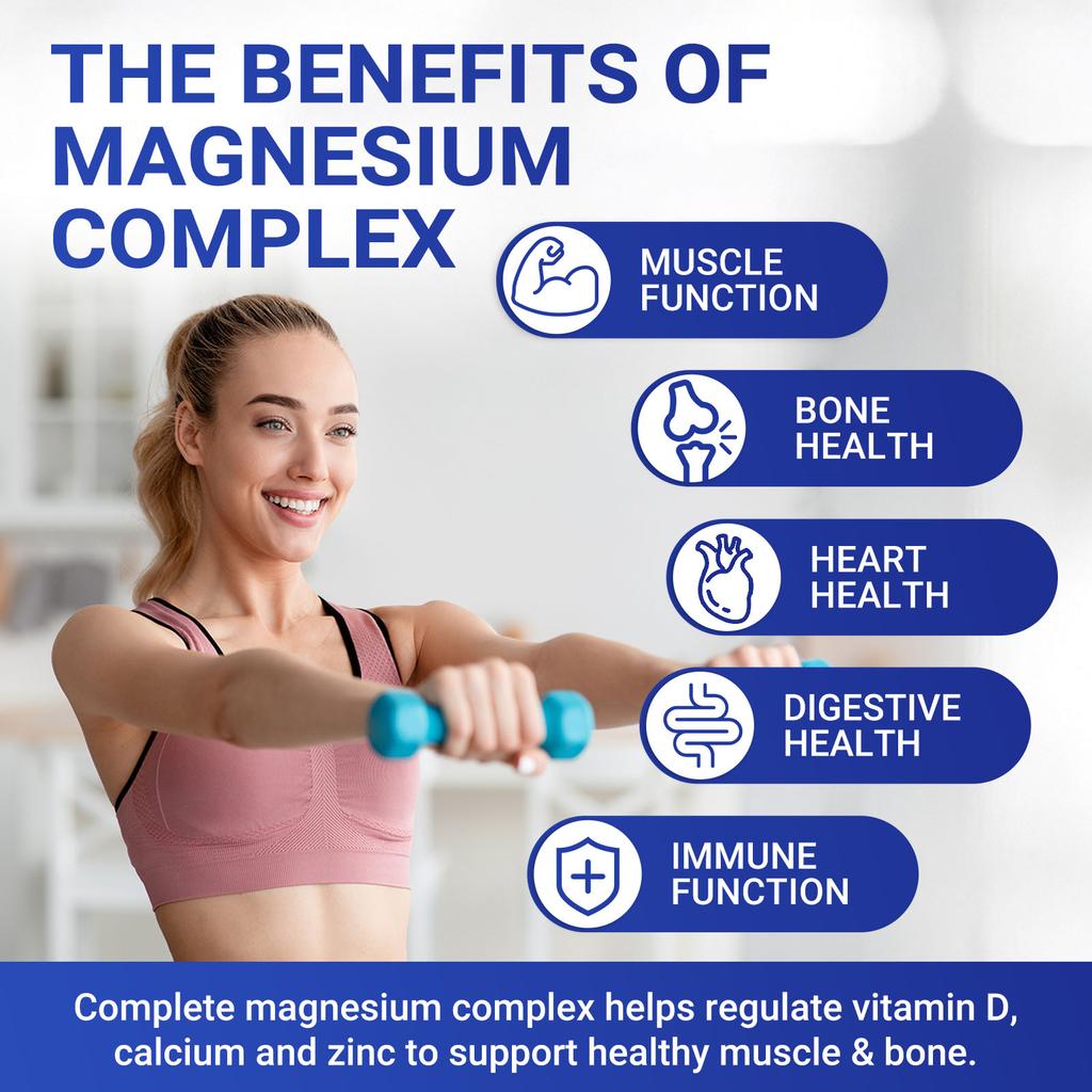 Magnesium complex supplement, containing a blend of magnesium glycinate and magnesium malate, vegetarian capsules.