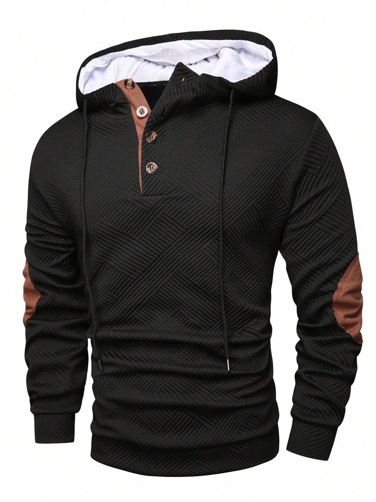 Men's Solid Color Jacquard Hooded Sweatshirt - Autumn/Winter European American Style, Loose Fit Casual Outerwear