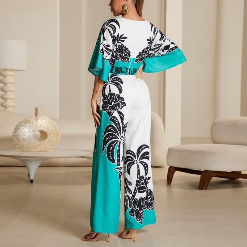 Womens V-Neck Printed Jumpsuit High-Waisted Wide-Leg Pants Casual Office Wear Lightweight Batwing Sleeve