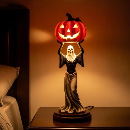 Pumpkin Night Light Halloween Horror Skeleton Ghost Witch Pumpkin Lantern Resin LED Tabletop Lamp for Gothic Room Desk Decorr