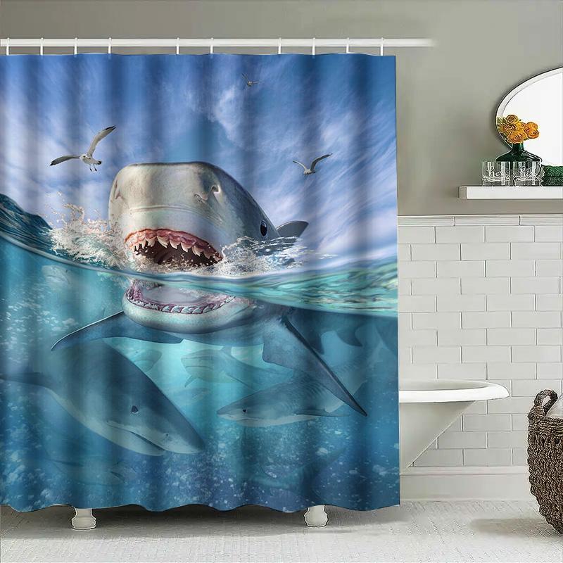 Blue Ocean Shower Curtain With Giant Shark Print Perfect For Sea-Themed Bathrooms!