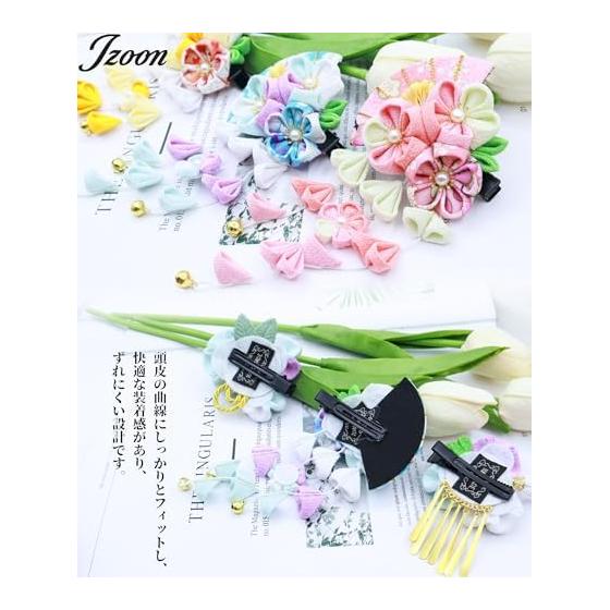 JZOON 3-Piece Tsumami Zaiku Hair Accessory Set for Shichi-Go-San, Coming-of-Age Ceremony, Yukata, Hakama, Kimono, Furisode, Japanese Attire, Flowers,