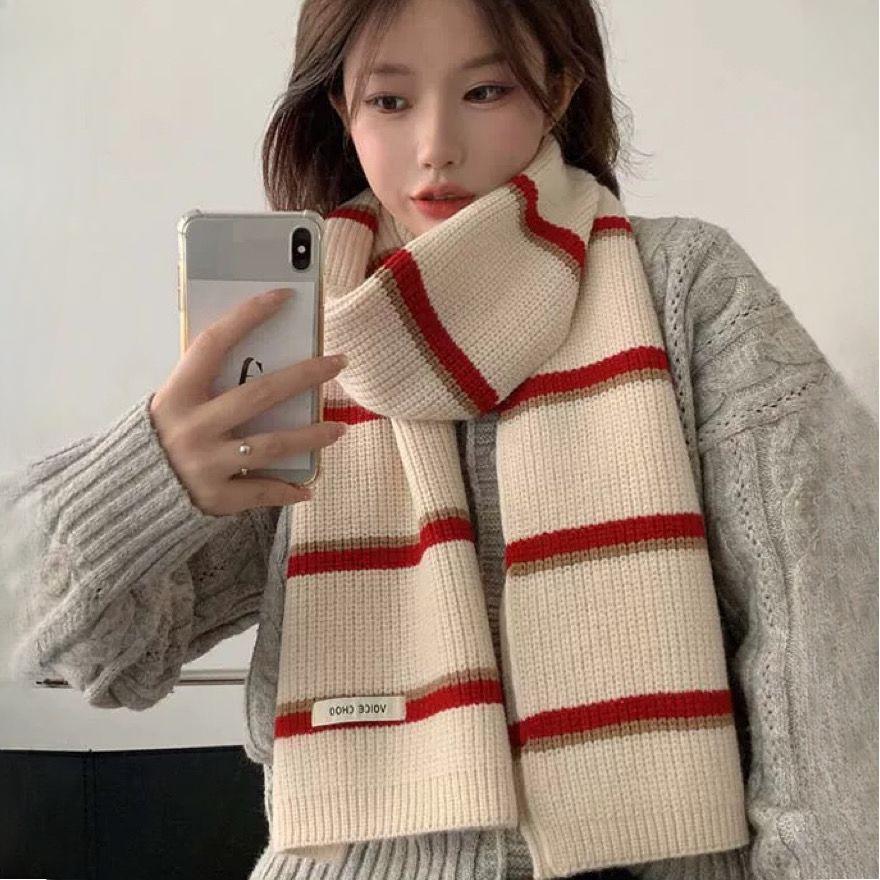 Women's Korean Style Atmosphere Versatile Knitted Scarf Winter Warm Japanese Color Block Christmas Gift Neck Warmer