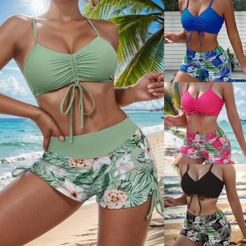 Women's Rose Pink High Waist Tankini Set Tropical Leaf Print Drawstring Two Piece Swimsuit