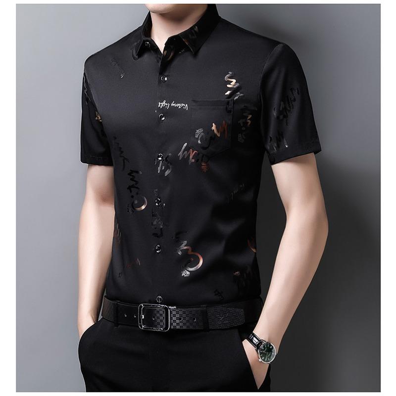 

Летние мужские рубашки с короткими рукавами с цветочным принтом Ice Silk, не требующие глажки, модная мужская рубашка с короткими рукавами и цветочным принтом на лацканах XXXXL чёрный