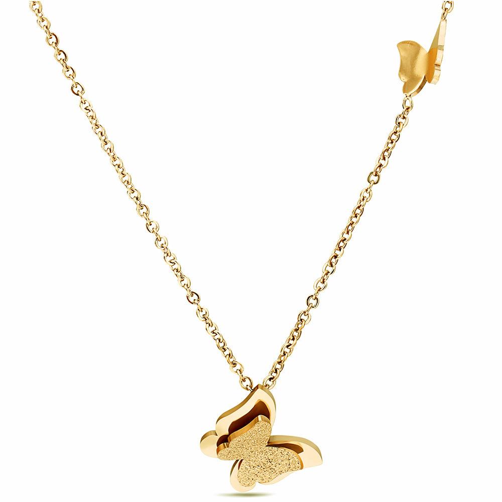 Stainless Steel Double Layer Frosted Butterfly Necklace