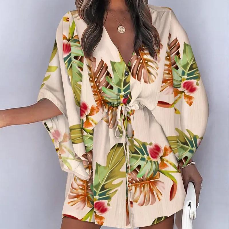 Damen Sommer V-Ausschnitt Bindeband Lässige Urlaubs Kleider