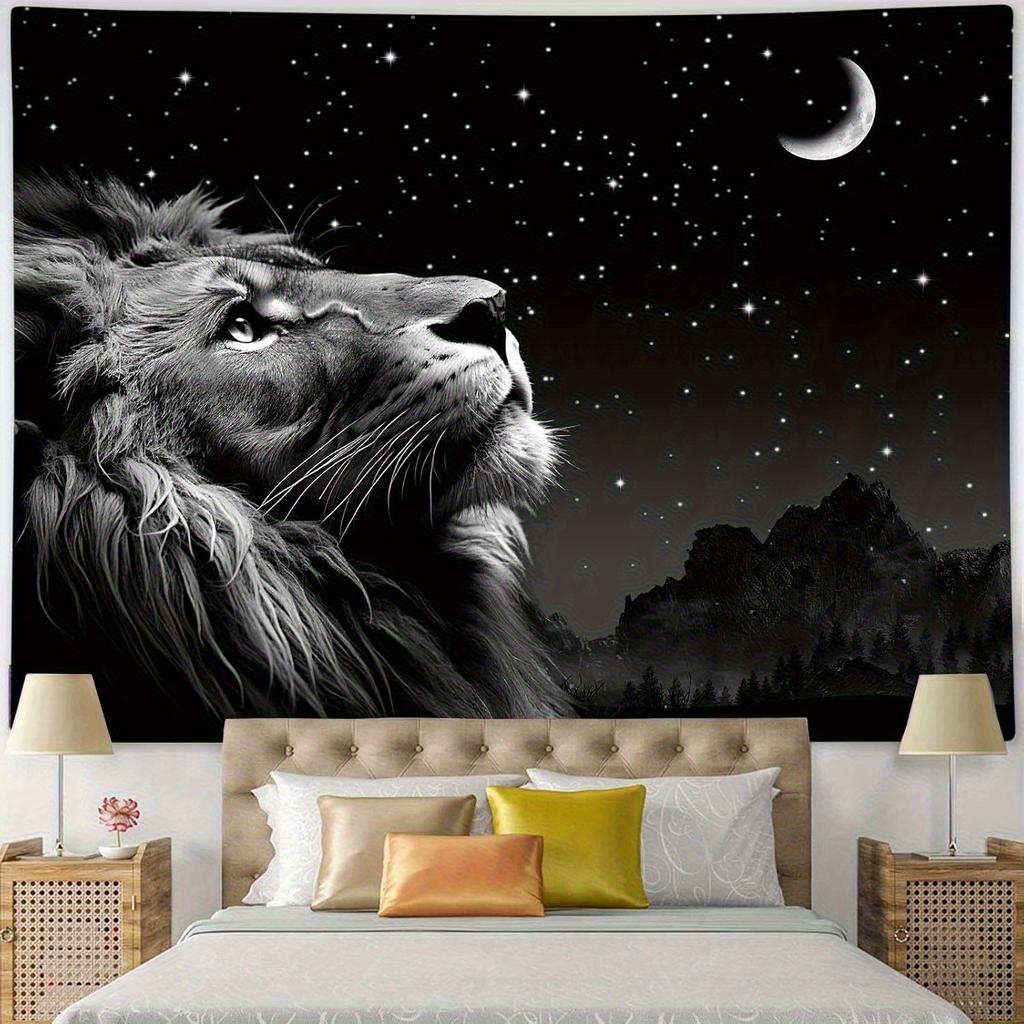 1pcs Cool Lion Tapestry, Space Stars Moon Tapestry, Exquisite Black Tapestry Wall Hanging for Bedroom Living Room Polyester