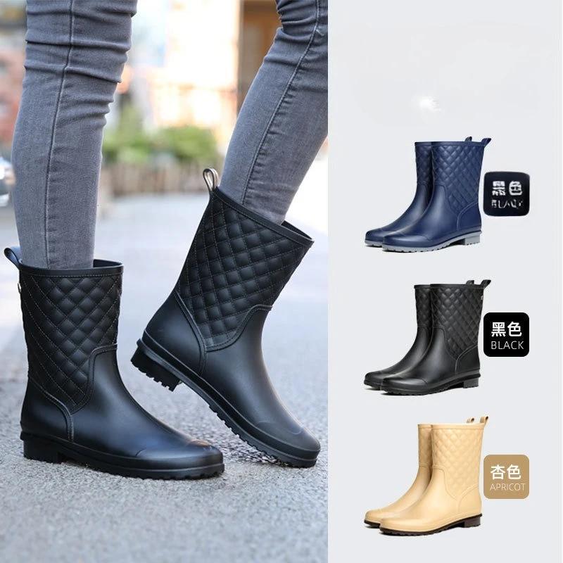 Women Rain Boots Fashion Non-Slip Women Boots Plaid Casual Rubber Shoes Comfor Wear-resistant Women's Waterproof Shoes