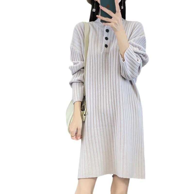 Petite Women's Wool Knit Dress with Half-High Neck - Mid-Length for Autumn/Winter
