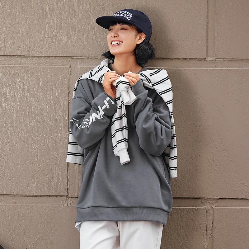 Li Ning Sports Lifestyle Series Letter Logo Print Fleece Pullover Long Sleeve Sweatshirt Unisex Sweatshirt Smoke-Gray AWDTB37-8