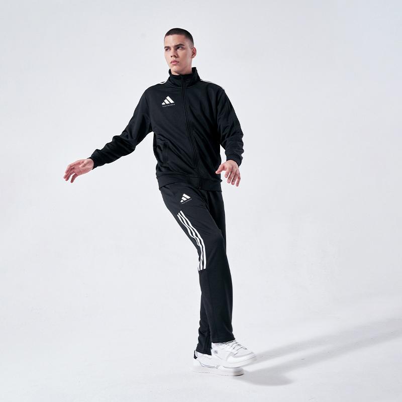 Adidas Striped Logo Stand Collar Long Sleeve Jacket And Mid Waist Elastic Pants Casual Sports Suit Unisex Suit Black TR90JT-BW+TR90PT-BW