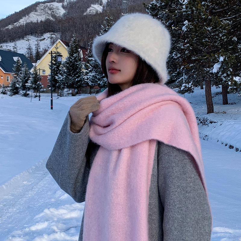 New soft waxy mohair solid color scarf women's winter versatile thickened imitation cashmere shawl Korean warm scarf tide