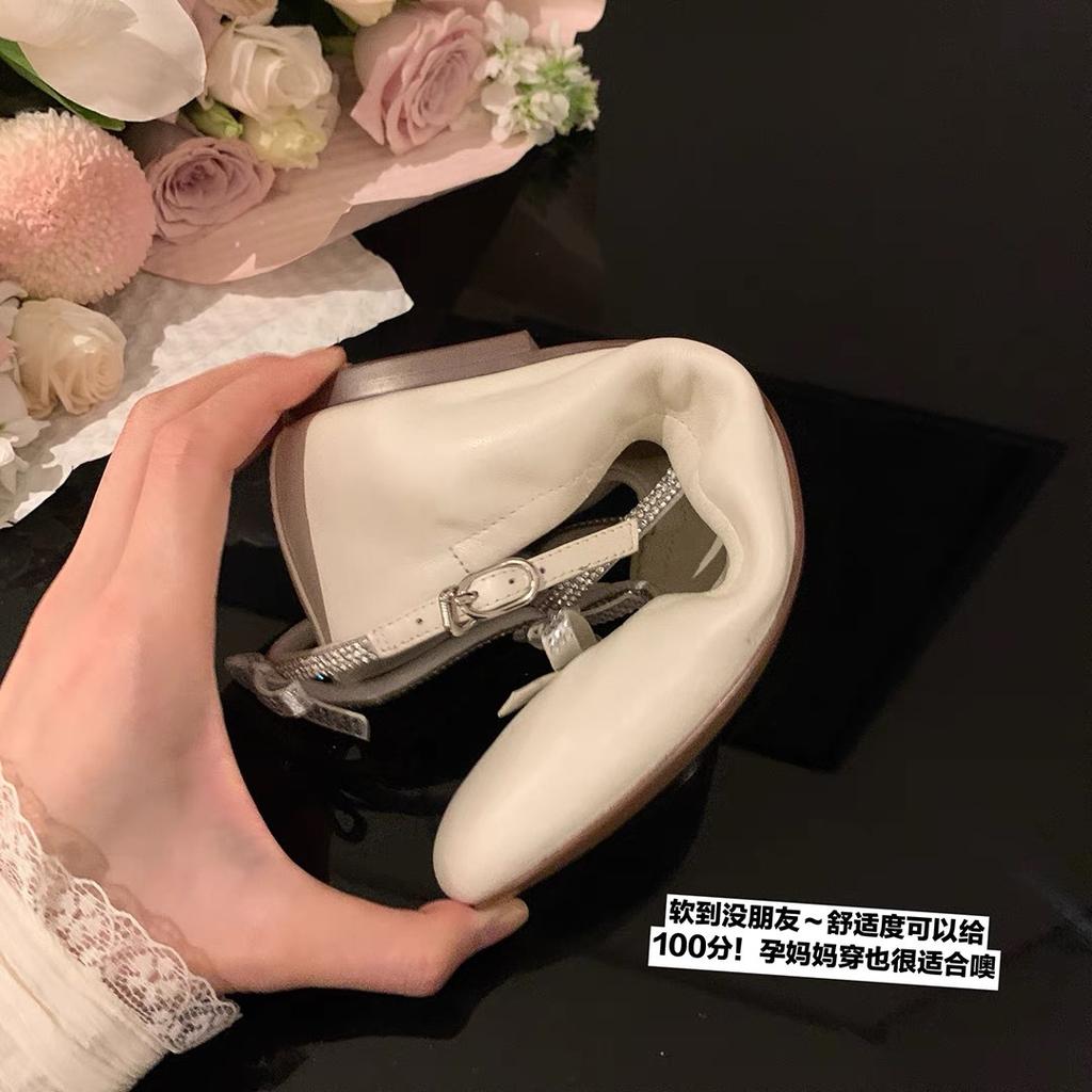 Su Yinyin Same New French Retro Heavy Industry Rhinestone Bow Flat Ballet Single Shoes Women's Mary Shoes