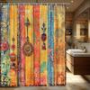 1pc Vintage Bohemian Shower Curtain - Indian-Inspired Ornament Design with Colorful Pendants On Rustic Wood, Polyester Fabric