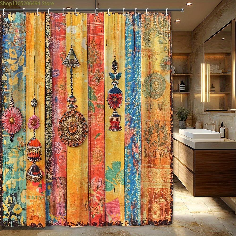 1pc Vintage Bohemian Shower Curtain - Indian-Inspired Ornament Design with Colorful Pendants on Rustic Wood, Polyester Fabric