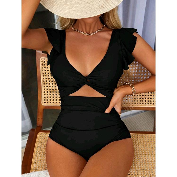 

2024 Women s Solid Color High Waist Cutout One-Piece Bikini Swimsuit XXL