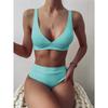 Big Pit Strip High Waist Pure Color Bikini Double Shoulder Belt Split Swimsuit Women's Swimsuit