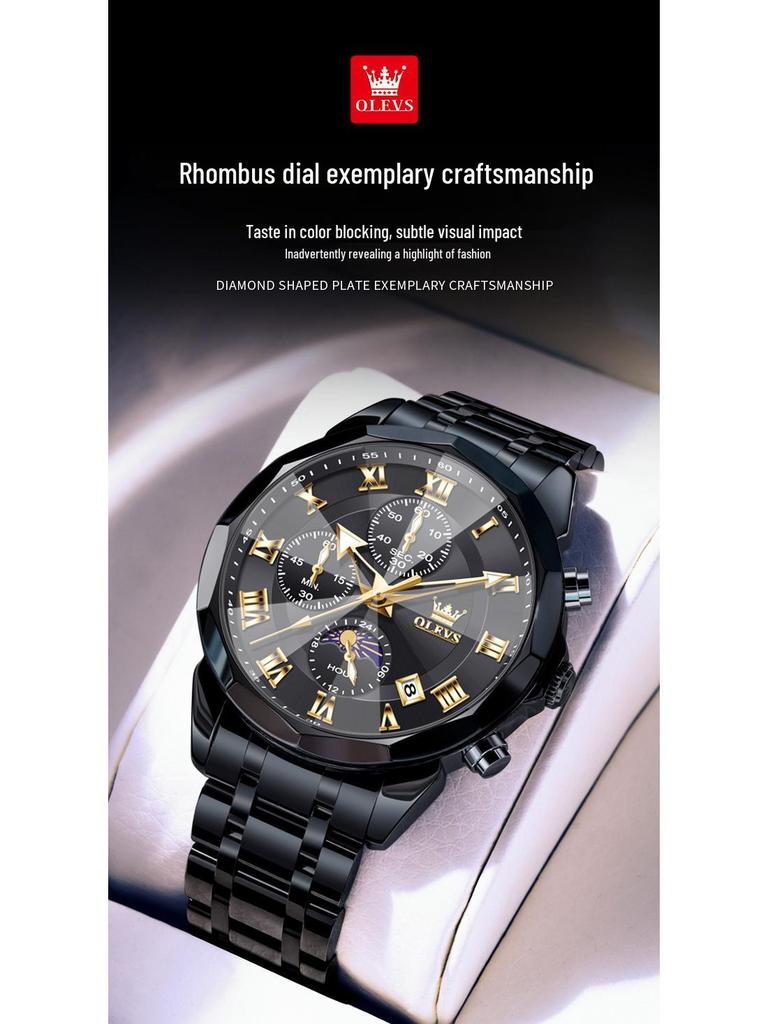 Oulishi Herren Multifunktions-Chronograph mit massivem Stahlarmband und Faltschließe