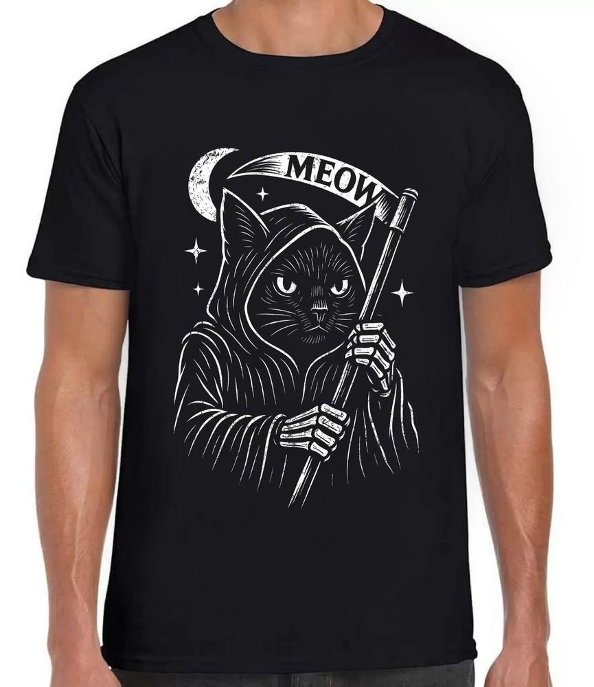 Grim Reaper Cat Kitten Meow Saying Halloween Funny Gift Black Tee T Shirt 497