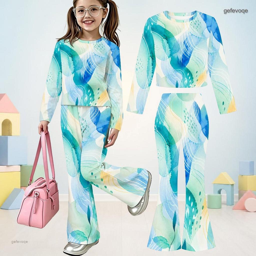 Girls Dark Blue Printed Round Neck Long Sleeve Top And Flared Pants Two Piece Set