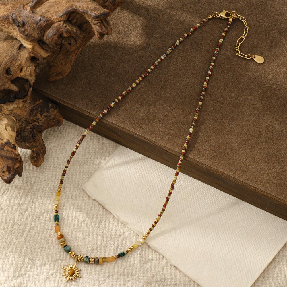 New Chinese Czech Beaded Sunflower Pendant Necklace Retro Ethnic Style Colored Natural Stone Long Sweater Chain
