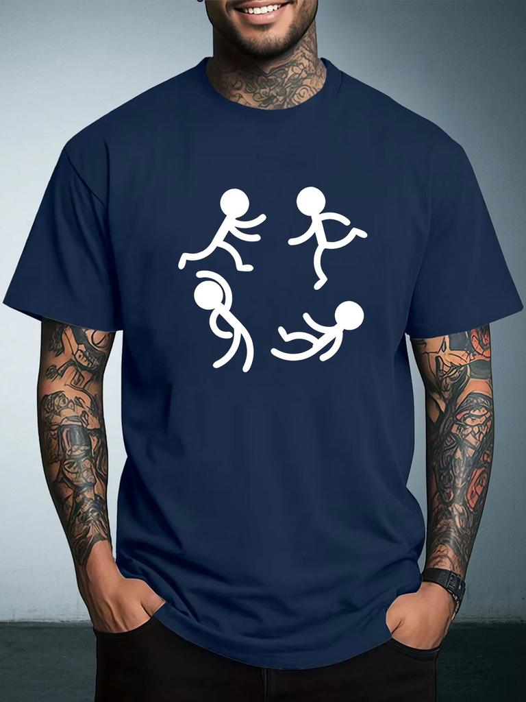 Unisex Summer White Short Sleeve Tee Circle Running Stick Figures Simple Graphic Print Crew Neck Loose Casual Male Daily Tops