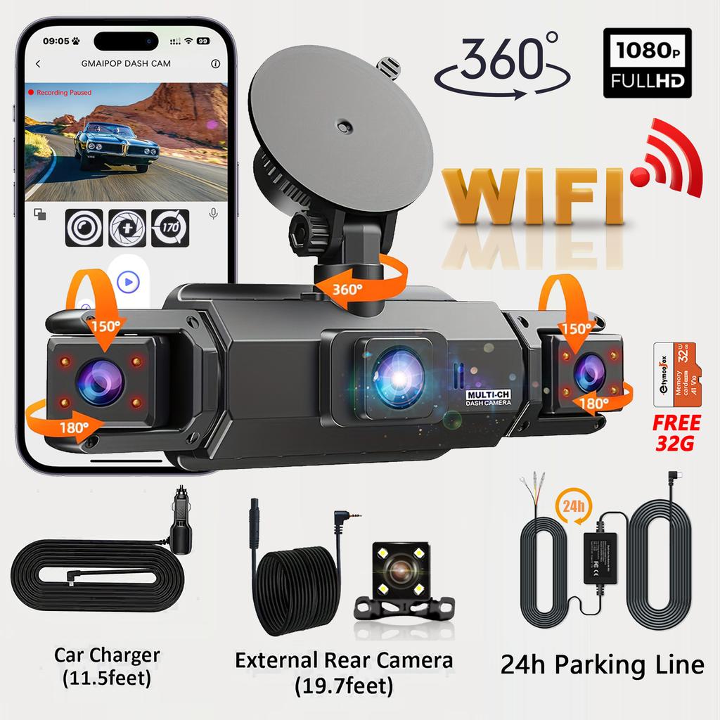 Car 4Ch Dash cam 360° WIFI Video Recorder Car DVR Recording Camera 1080P Front left right Rear Black Box 24H Parking Auto Parts