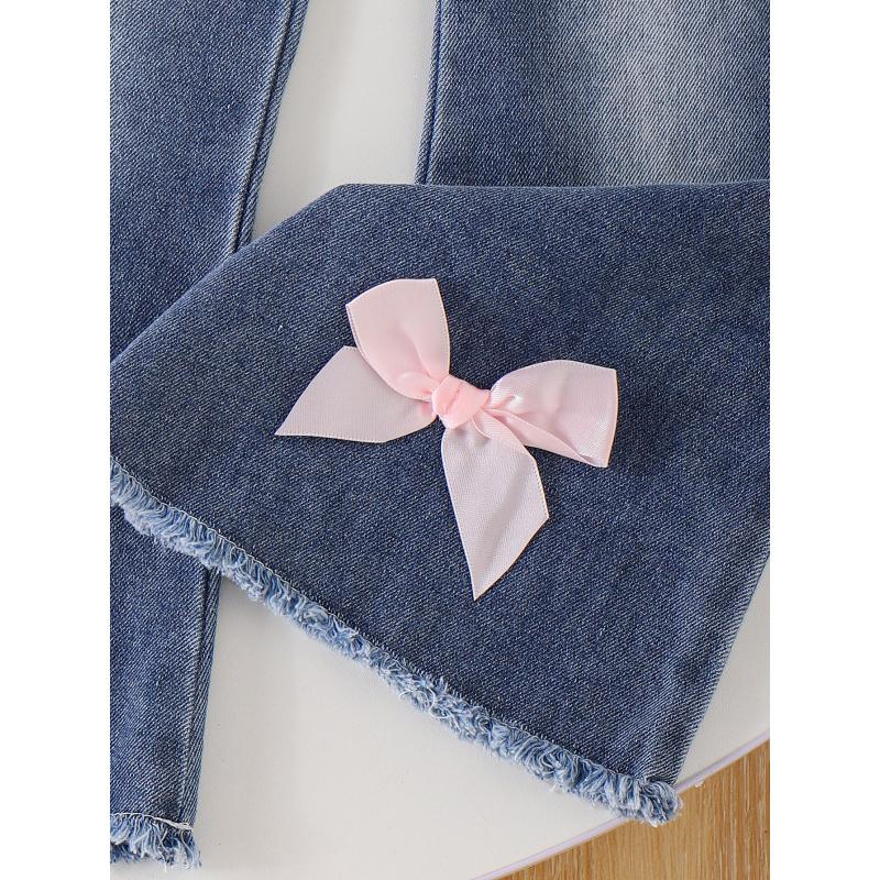 Autumn New Casual Children's Clothing Pink Bow Long Sleeve Sweatshirt Jeans Cute Fashion Girls