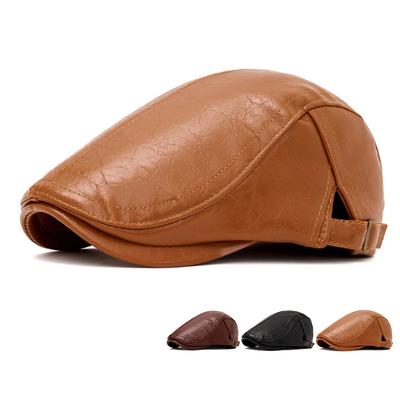 Autumn Winter Leather Forward Cap Men's British Vintage Newsboy Cap Warm Painter Cap Beret