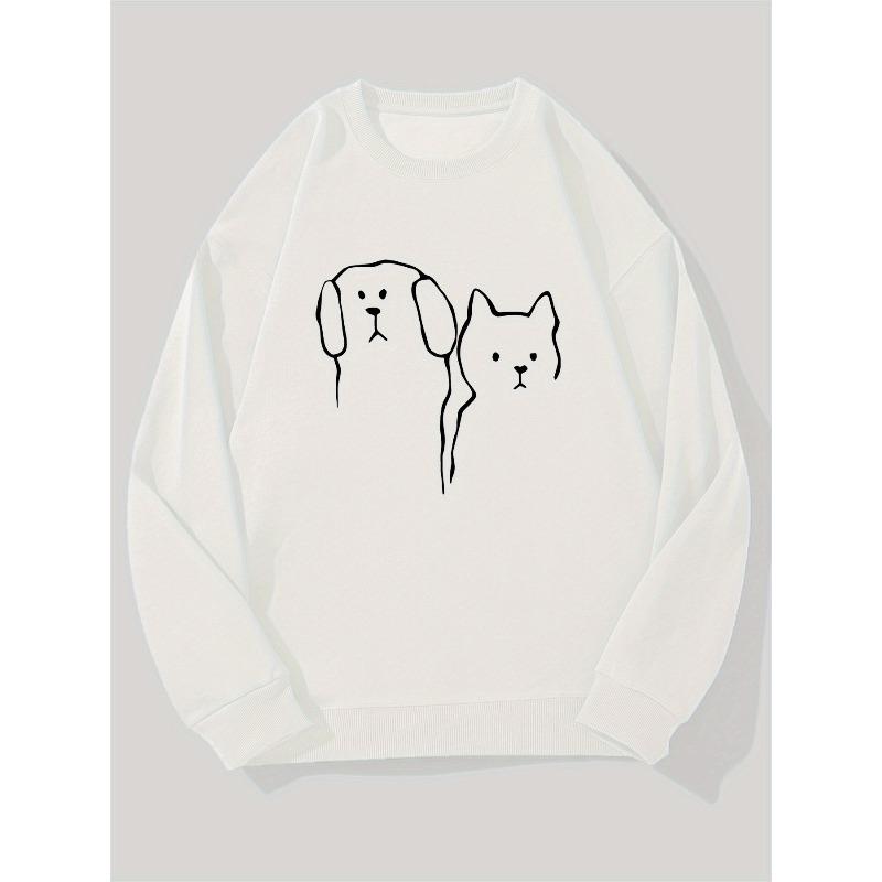 Men's Casual Crew Neck Sweatshirt with Cat and Dog Pattern