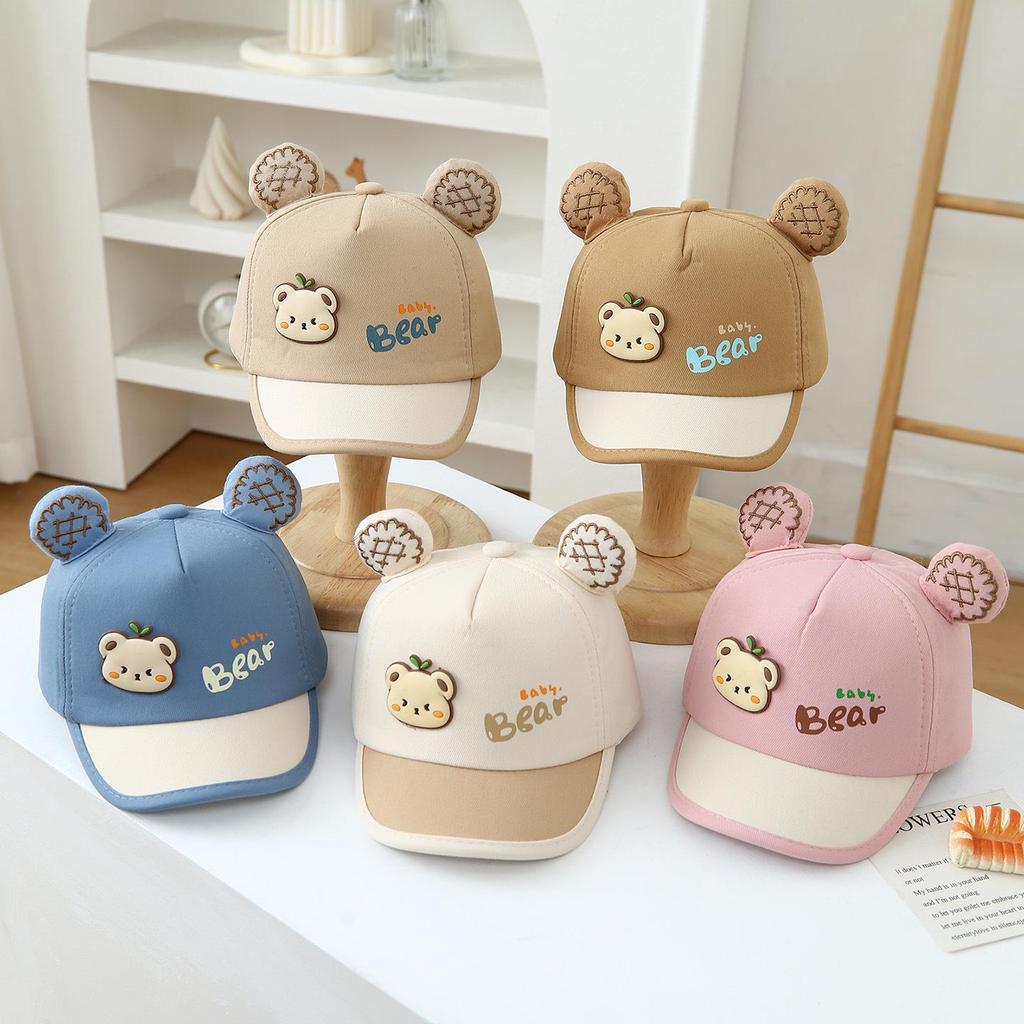 Cappellino da Sole per Bambini Stile Coreano con Orsetto Cartoon - Cappellino con Visiera a Blocchi di Colore per Bambini