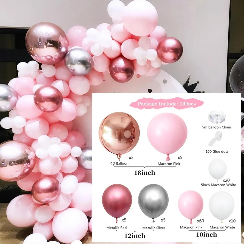 109PCS Pastel Macaron Pink Balloon Garland Arch Kit 4D Rose Gold Metallic Red Silver WHITE Balloon for Wedding Baby Shower Party