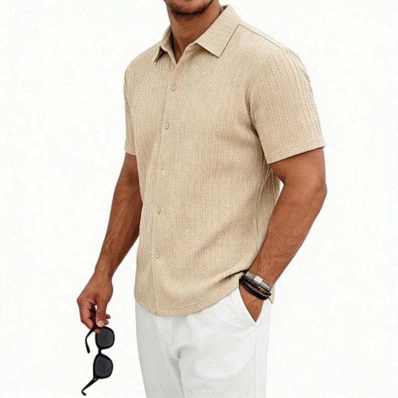 Mens European American Summer Jacquard Turn Down Collar Polo Shirt Business Casual