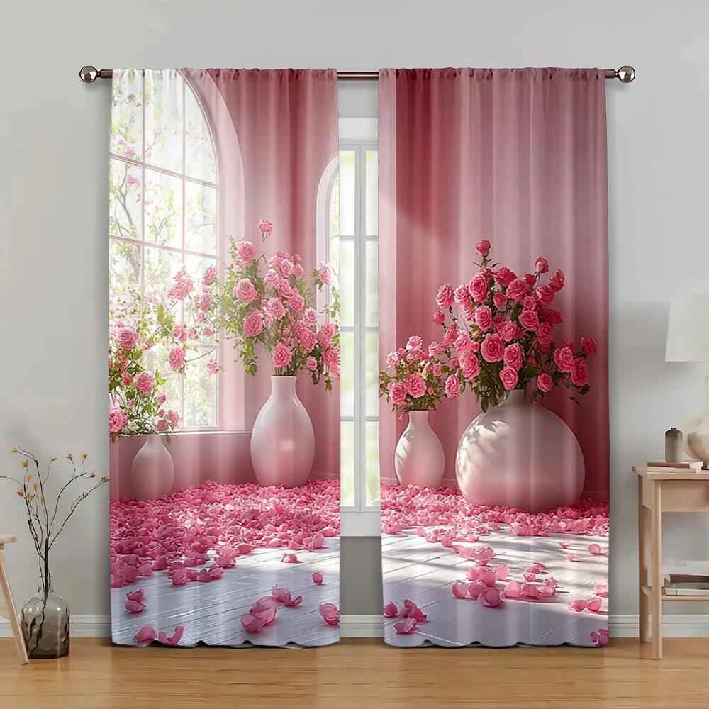 2pc    Window Drapes Pink Flowers and Plants Versatile Polyester Fabric  Without Electricity Family Party Decoration Use for