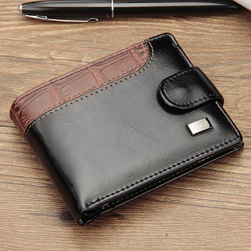 Men's small card bag buckle short money ticket clip splicing change bag horizontal leather wallet, men