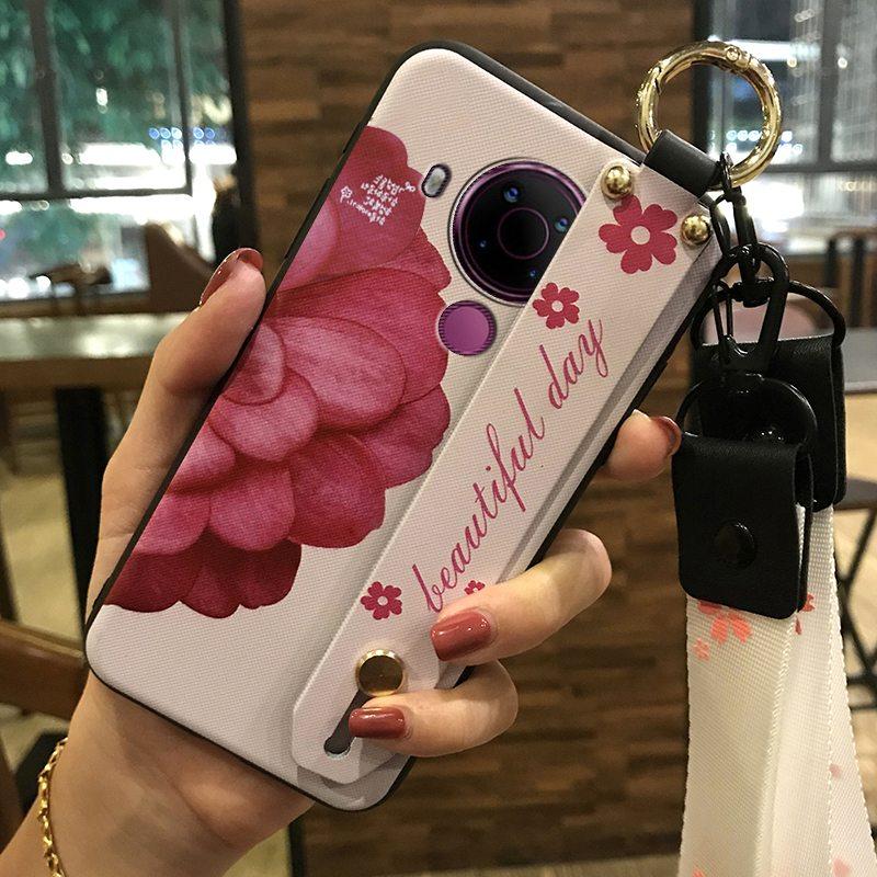 Back Cover Anti-dust Phone Case For Nokia 5.4 Wrist Strap Anti-knock Kickstand Shockproof Wristband Flower Phone Holder