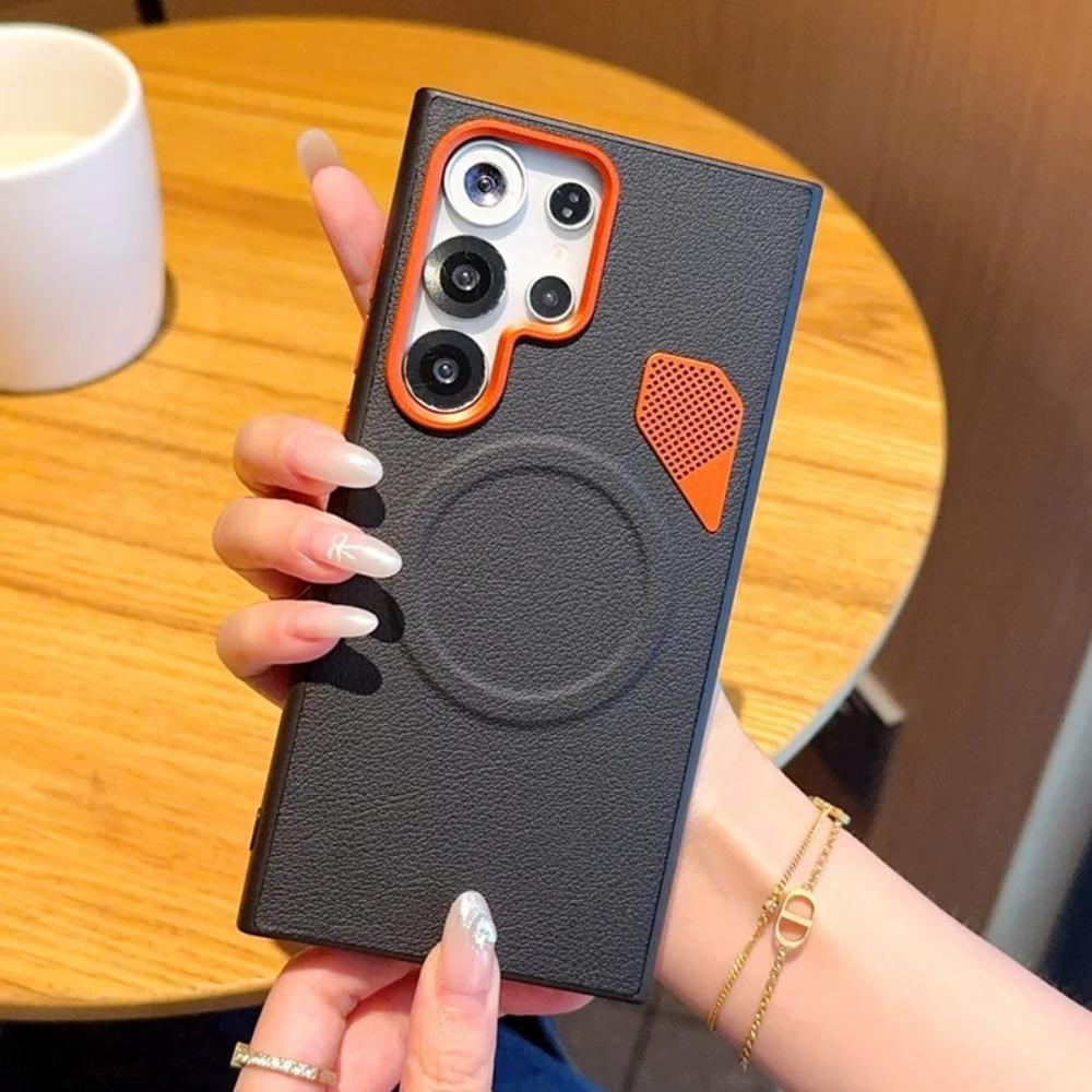 Business Smooth-touch Sle Leather Lens Magnetic Case For Samsung S26 Ultra S25 Edge S24 Plus Metal Heat Dissipation Holes Cover