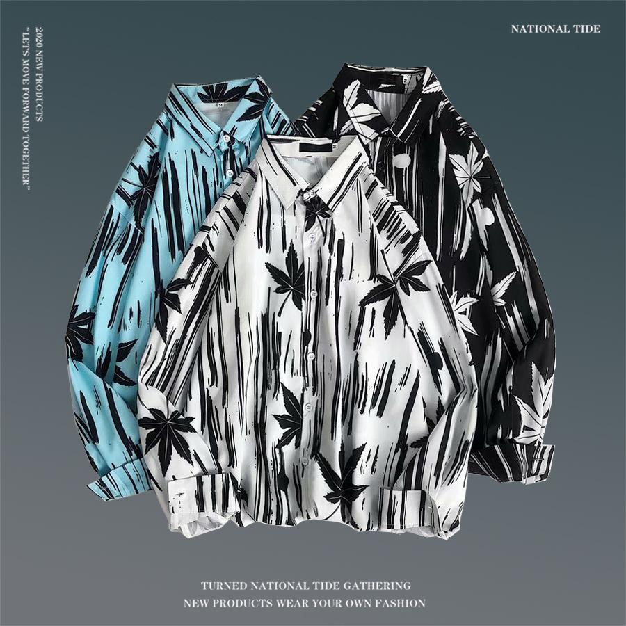 Men's Spring Retro Floral Long Sleeve Shirt - Korean Style, Trendy, Versatile, Loose Fit, Hong Kong Couple Style Top.