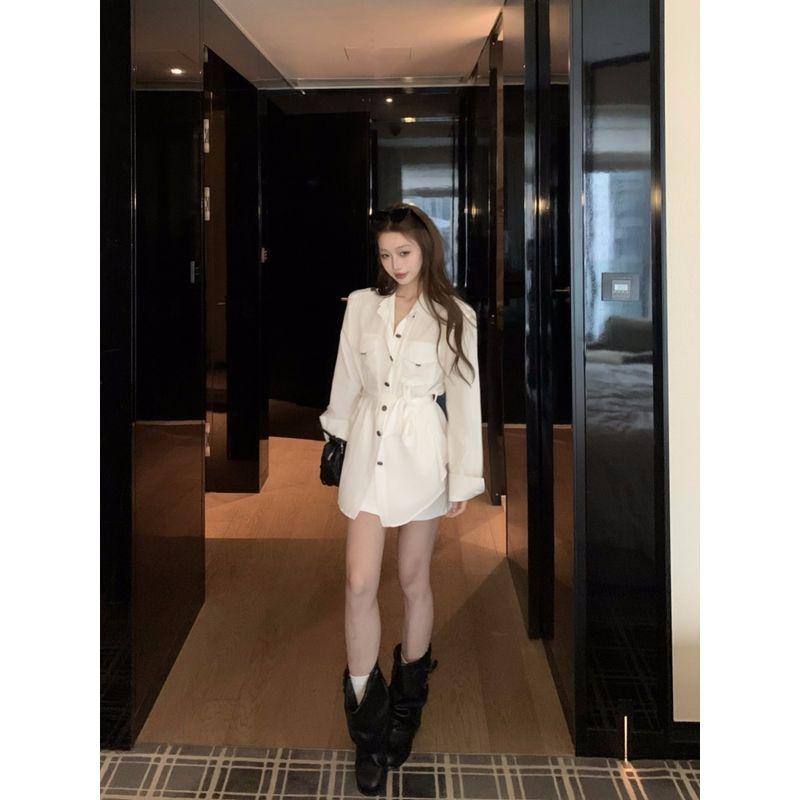 Elegant Old Qian Style Polo Collar Long Sleeves Shirt Women's Autumn Loose Cinched Blouse Niche Style White Mid-Length Tops