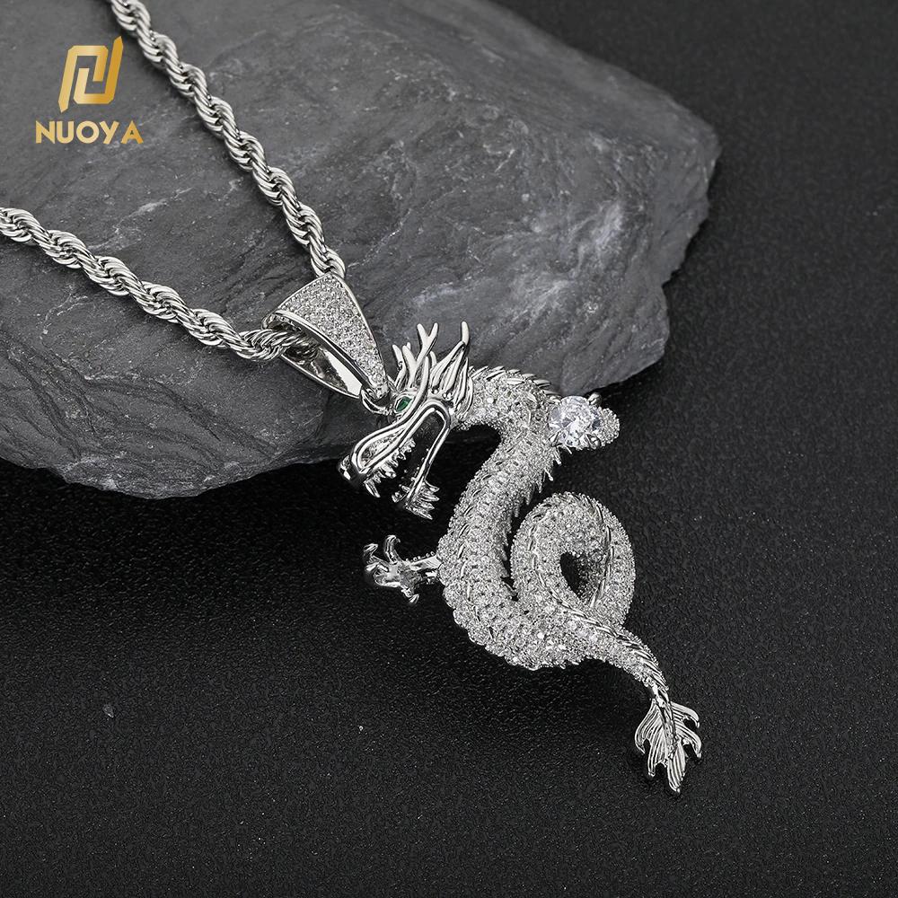 NUOYA Fine Jewelry Iced Out Dragon Design Pendant Silver Plated Chinese Dragon Charm Pendant Unisex Rapper Jewelry
