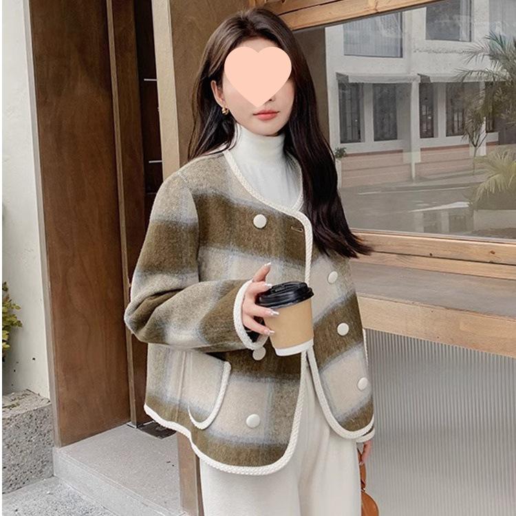 High-End Coco Style Plaid Wool Coat - Women's Short Double-Breasted Jacket, British Round Neck for Autumn & Winter 2025.